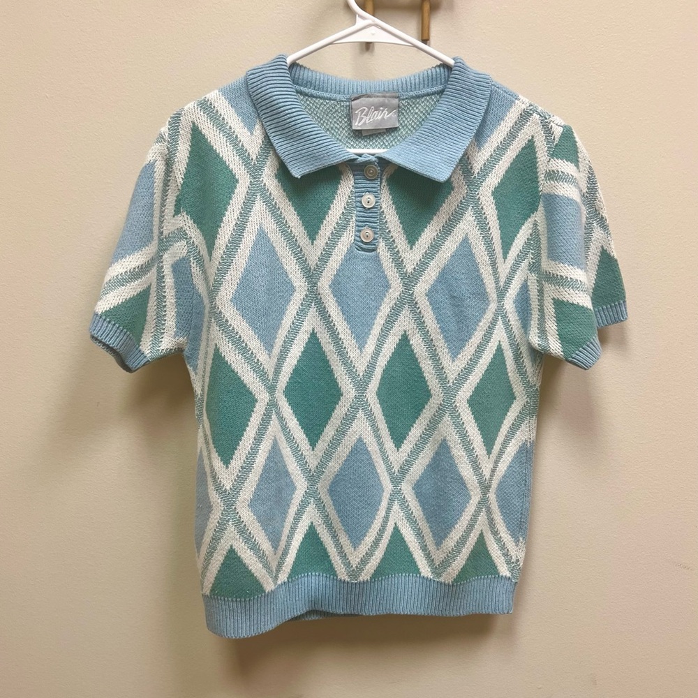 80s-90s Vintage 🤍 Blair Argyle Short-Sleeve Knit Top